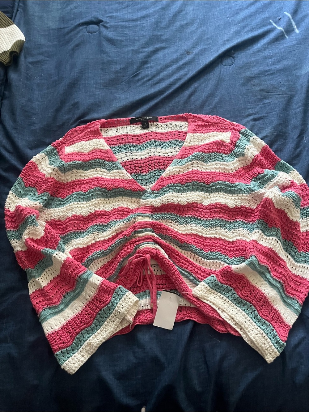 Andrew Marc Pink White Teal Crochet V-Neck Drawstring Sweater